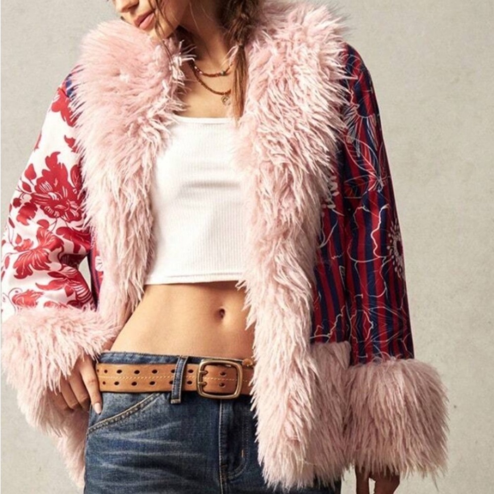 Boho Faux Fur Floral Print Long Sleeve Jacket Coat - Picture 4 of 9